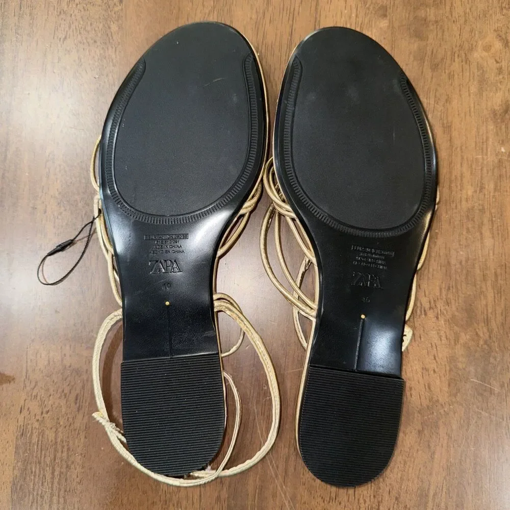Zara Gold Metallic Strappy Thong Gladiator Flat Sandals Ankle Strap EU40 US9 - Picture 6 of 6